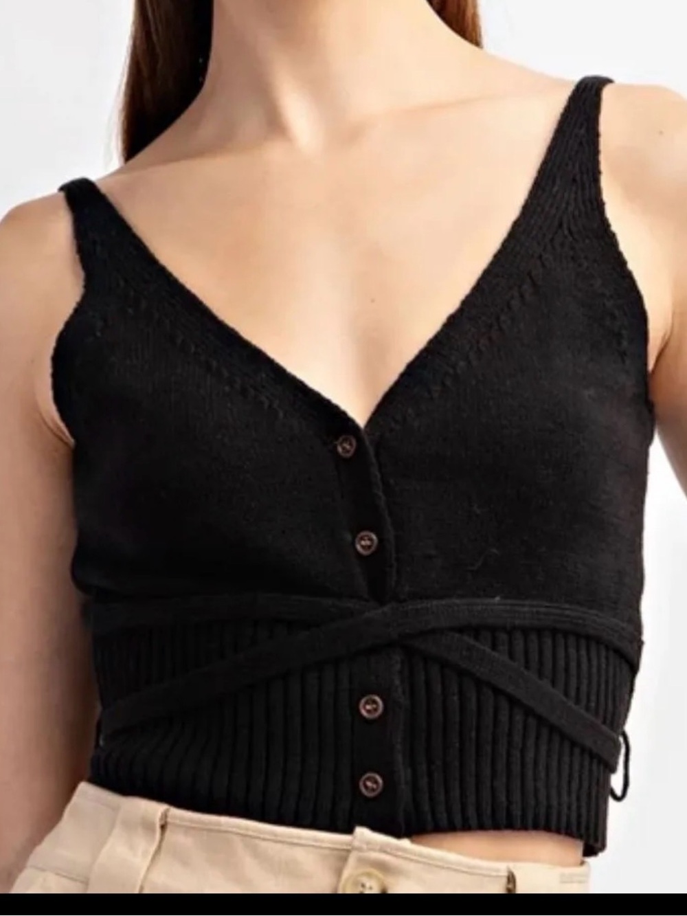 Black Knit Wrap-Front Crop Top